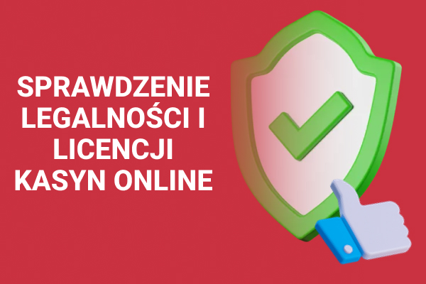 Ikona tarczy z haczykiem i tekstem o weryfikacji licencji kasyna online na czerwonym tle.