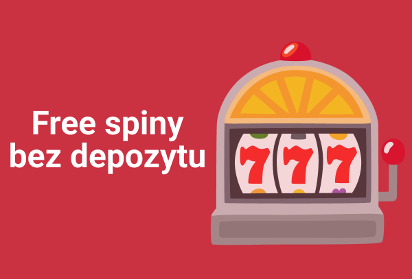 Automat do gry z potrójnymi siódemkami i tekstem "Darmowe spiny bez depozytu" na czerwonym tle.