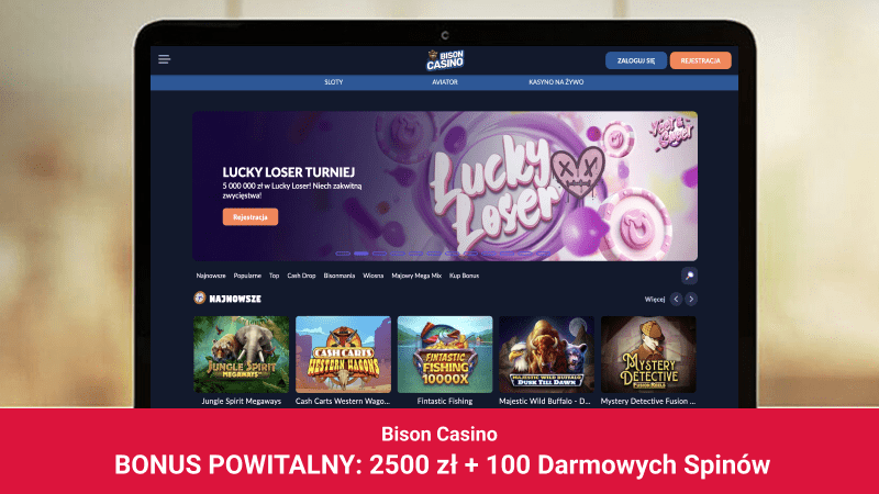 Strona główna kasyna Bison Casino na ekranie laptopa