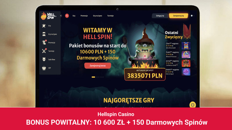 Strona główna kasyna HellSpin na ekranie laptopa