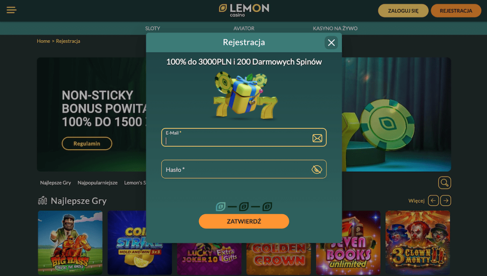 Lemon Casino - krok 1 procesu rejestracji