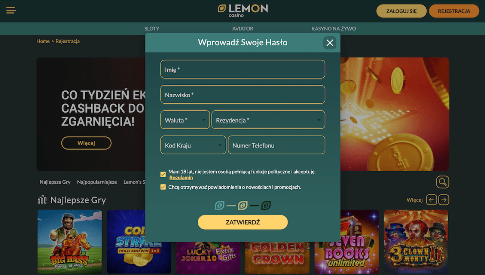 Lemon Casino - krok 2 procesu rejestracji