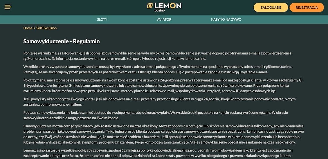 Sekcja odpowiedzialnej gry Lemon Casino