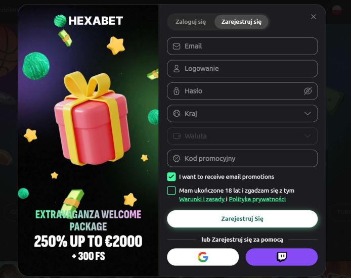Zrzut ekranu z procesu rejestracji w kasynie Hexabet - krok 2