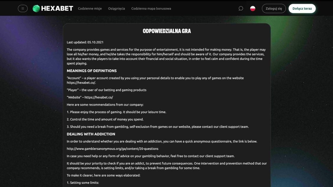Obraz strony kasyna Hexabet na temat odpowiedzialnej gry