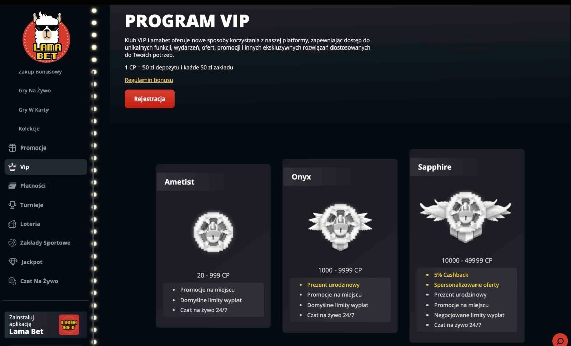 Obraz strony kasyna Lamabet na temat programu VIP