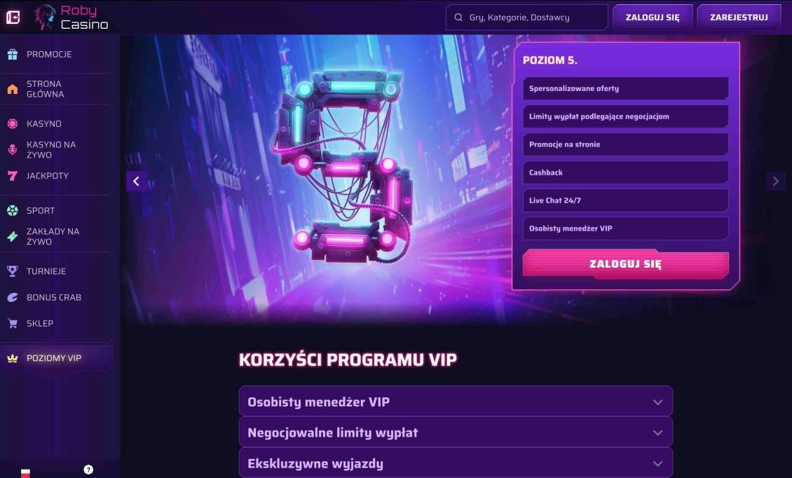 Obraz strony kasyna Robycasino na temat programu VIP