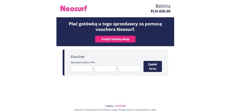 zostaniemy poproszeni o podanie kodu Neosurf