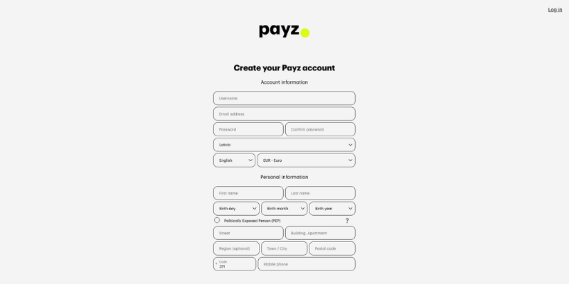 Formularz szczegółów konta Payz