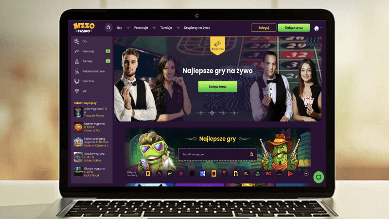 Strona główna kasyna Bizzo na ekranie komputera
