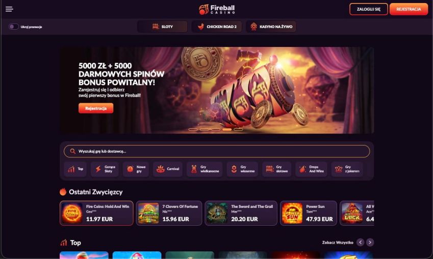 Strona gł&oacute;wna kasyna Fireball Casino
